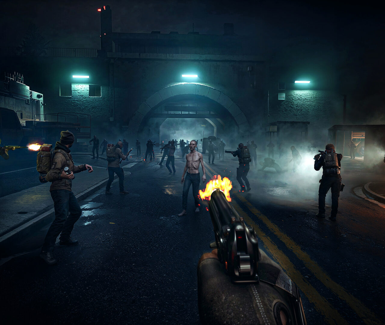 Responders fighting the undead horde together in co-op