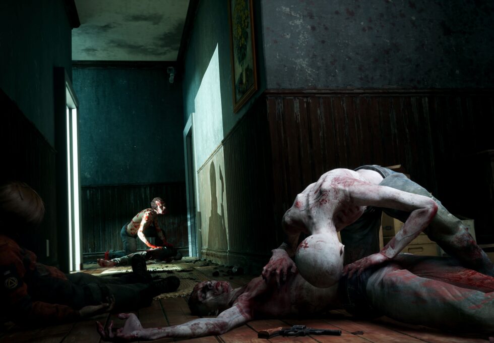 A zombie horde overwhelming and devouring a Responder
